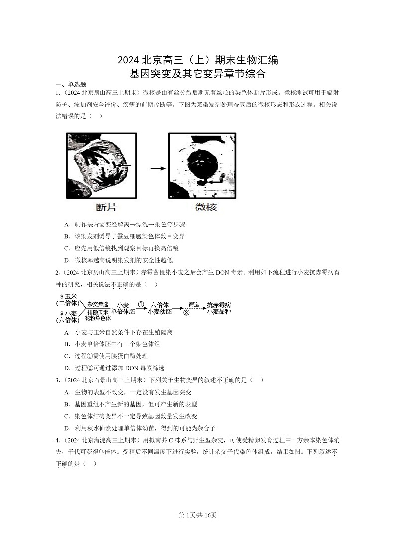 [生物]2024北京高三上学期期末生物真题分类汇编：基因突变及其它变异章节综合第1页
