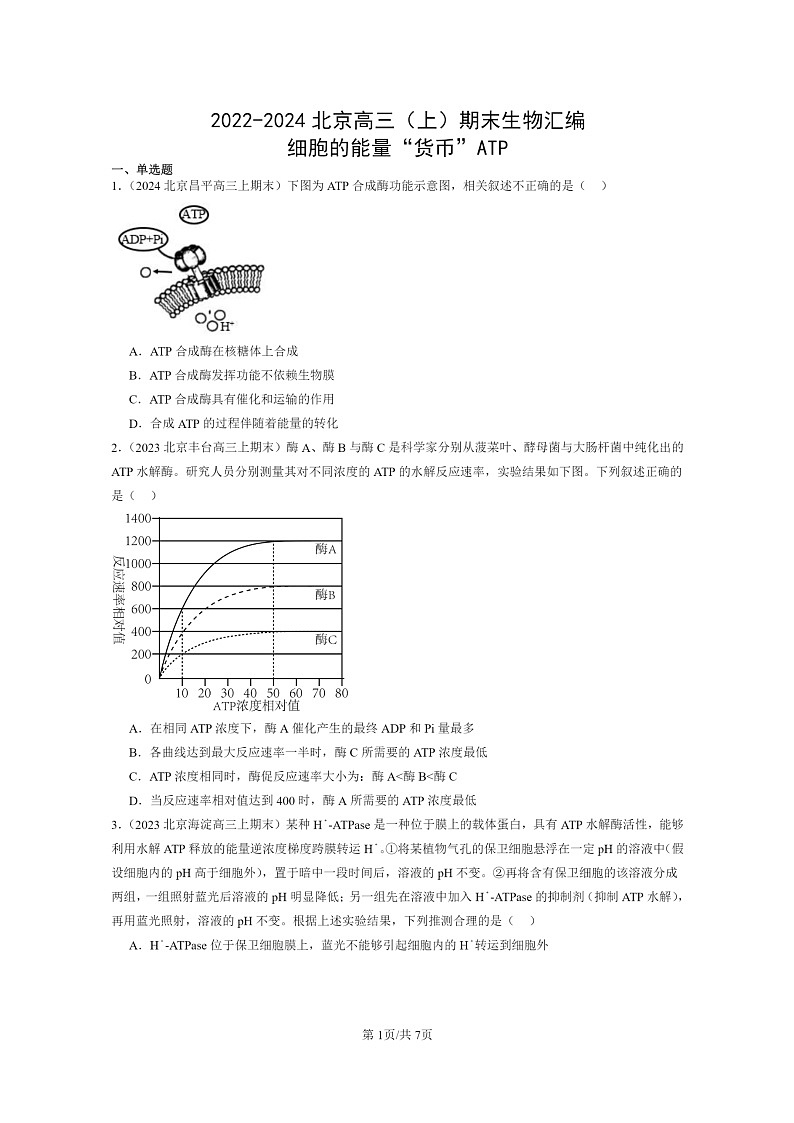 [生物]2022～2024北京高三上学期期末生物真题分类汇编：细胞的能量“货币”ATP01