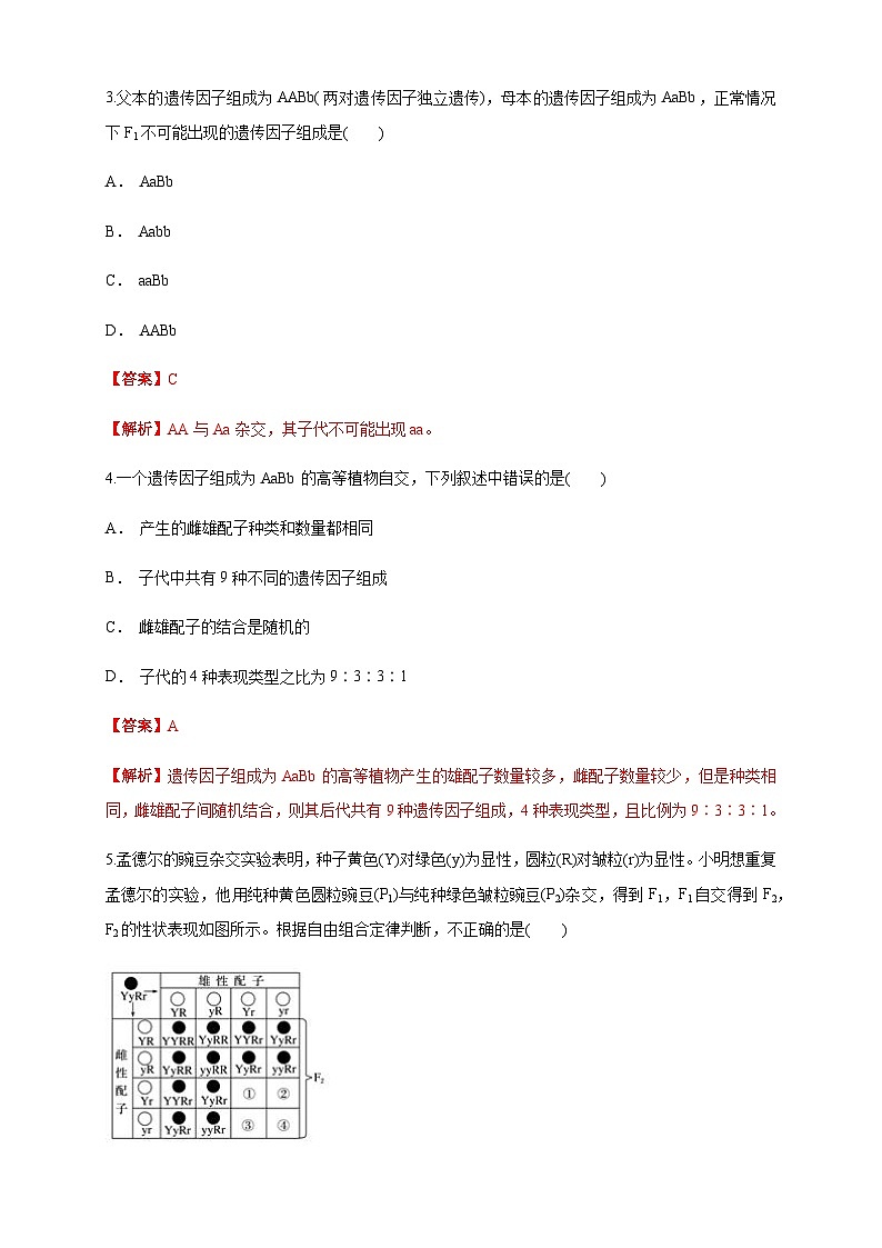 高中生物 人教版 (2019)  必修二1.2.1 孟德尔的豌豆杂交实验（二） 练习（1）-人教版高中生物必修2遗传与进化02