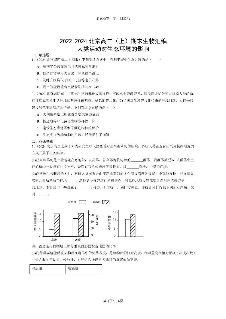 [生物]2022～2024北京高二上学期期末生物真题分类汇编：人类活动对生态环境的影响第1页
