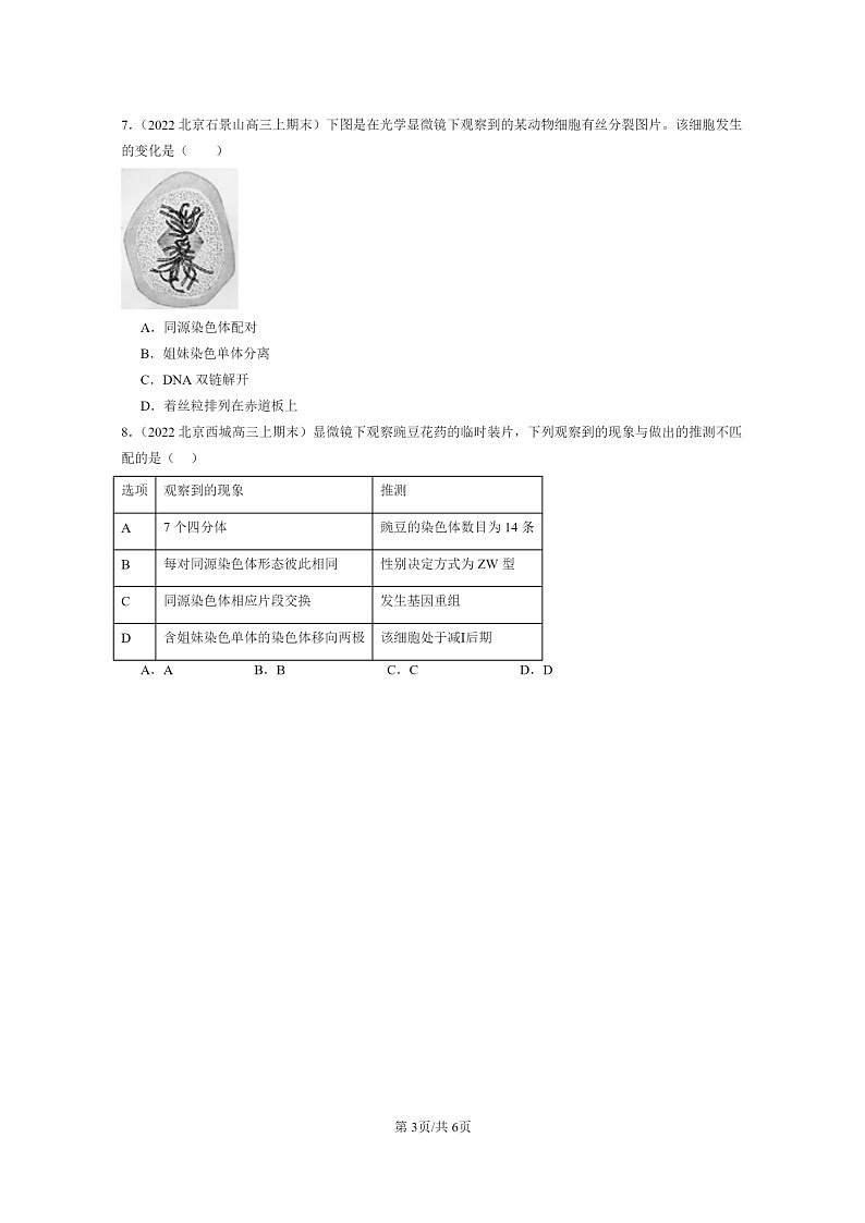 [生物]2022～2024北京高三上学期期末生物真题分类汇编：减数分裂和受精作用第3页