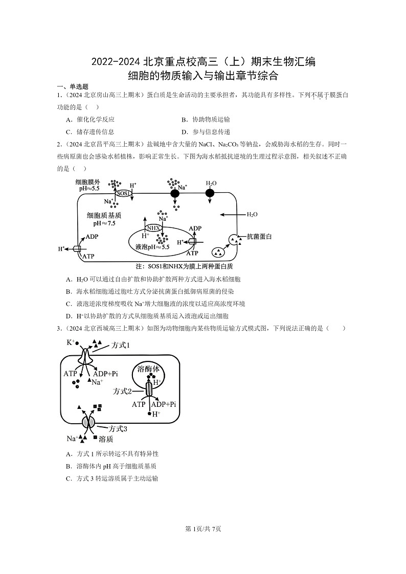 [生物]2022～2024北京重点校高三上学期期末生物真题分类汇编：细胞的物质输入与输出章节综合第1页
