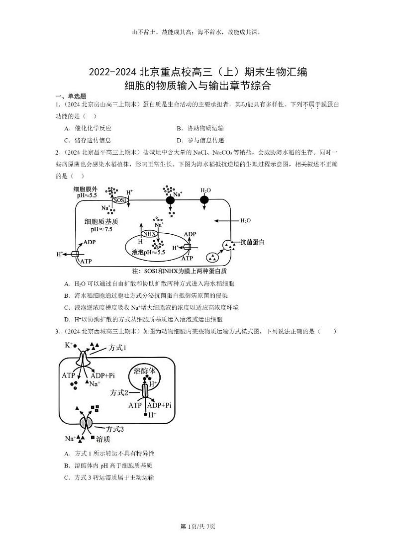 [生物]2022～2024北京重点校高三上学期期末生物真题分类汇编：细胞的物质输入与输出章节综合第1页