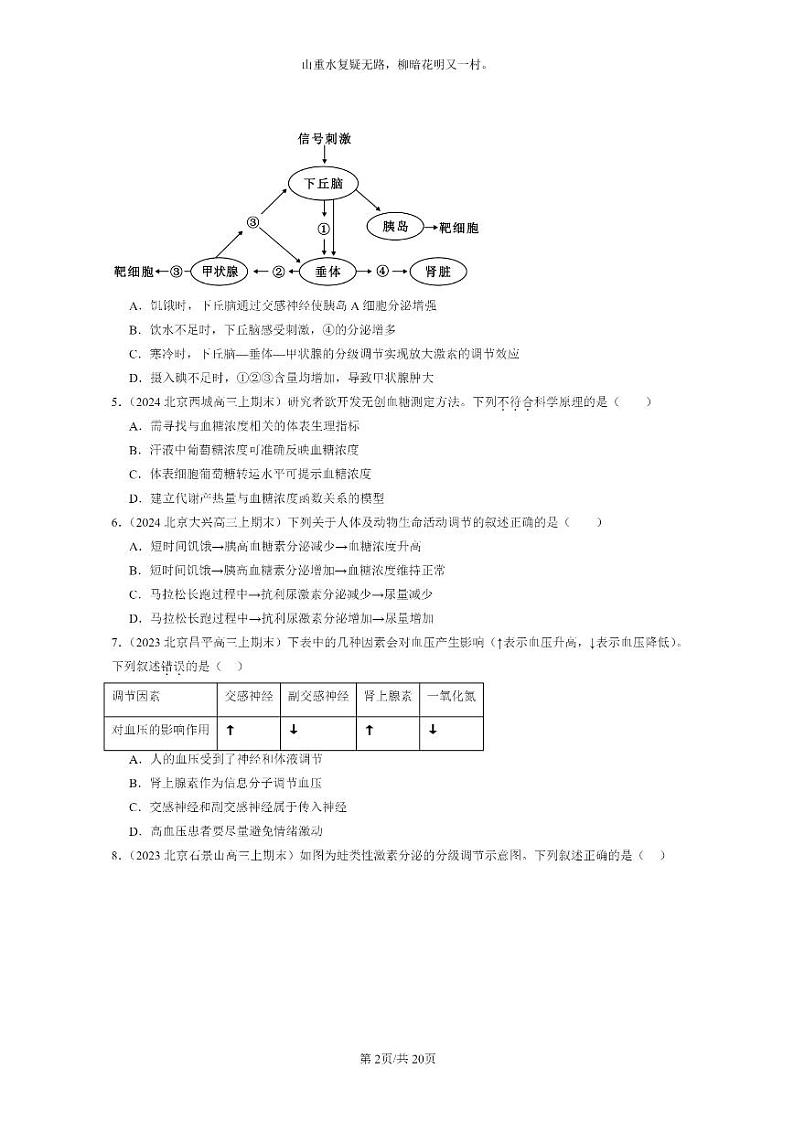 [生物]2022～2024北京高三上学期期末生物分类汇编：体液调节与神经调节的关系第2页