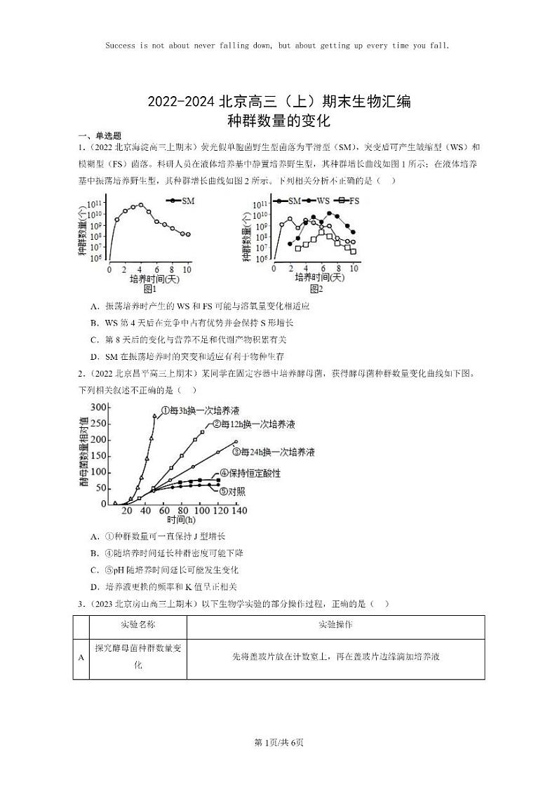 [生物]2022～2024北京高三上学期期末生物分类汇编：种群数量的变化第1页