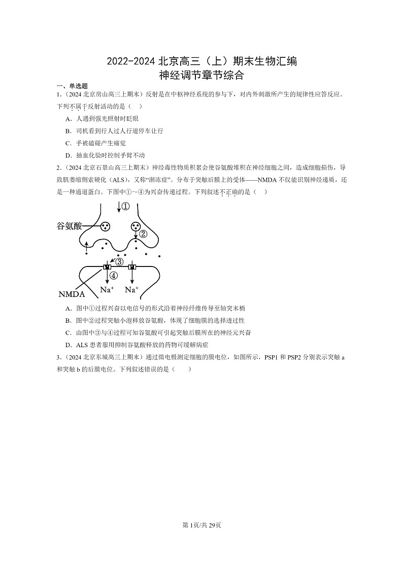 [生物]2022～2024北京高三上学期期末试题生物分类汇编神经调节章节综合01