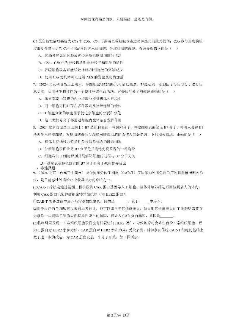 [生物]2024北京高三上学期期末试题生物分类汇编：免疫调节章节综合02