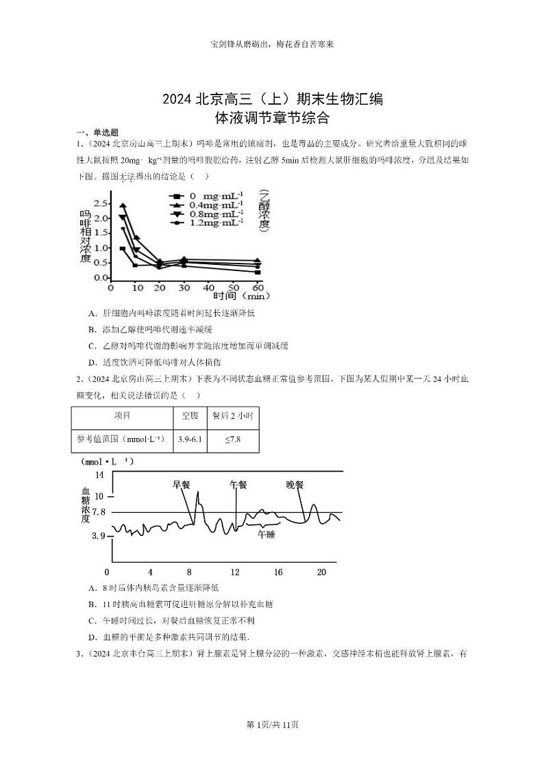 [生物]2024北京高三上学期期末试题生物分类汇编：体液调节章节综合01