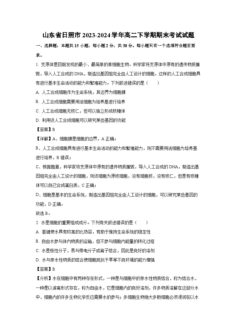 [生物][期末]山东省日照市2023-2024学年高二下学期期末考试试题(解析版)01