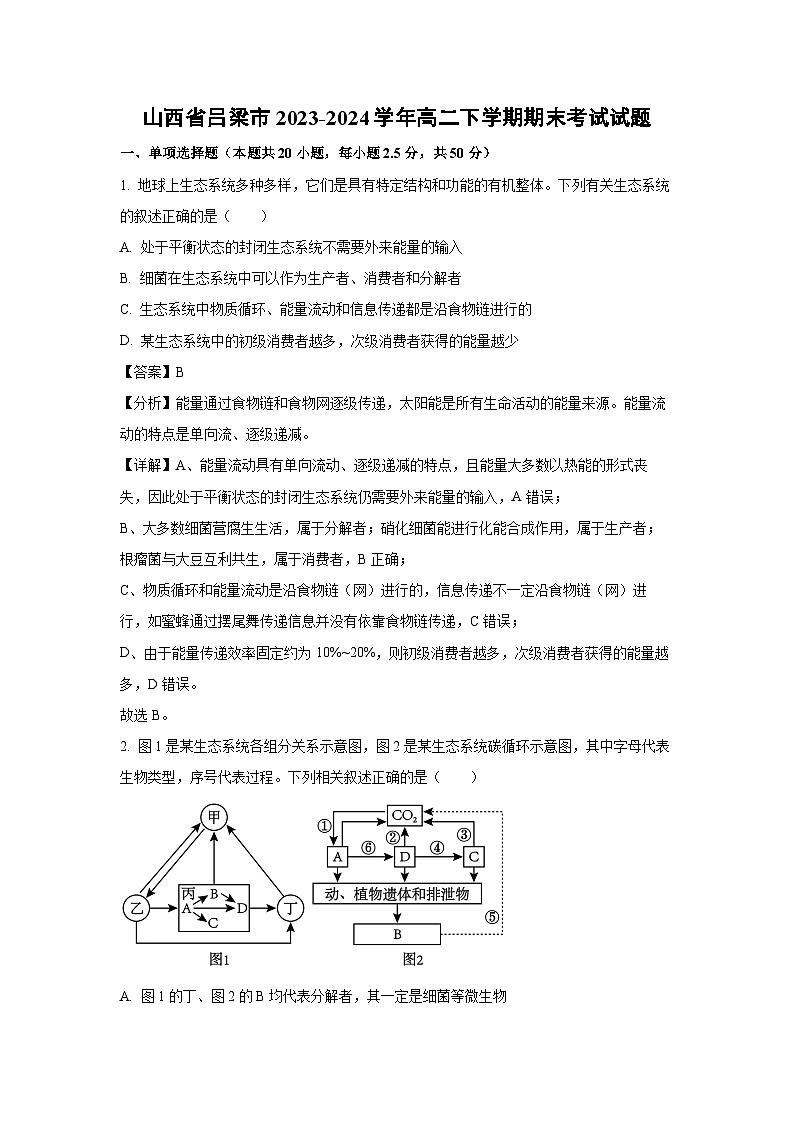[生物][期末]山西省吕梁市2023-2024学年高二下学期期末考试试题(解析版)第1页
