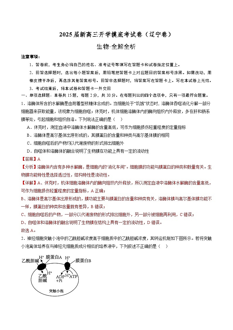 生物-2025届新高三开学摸底考试卷（辽宁卷）（含解析版及原卷版及答题卡）01