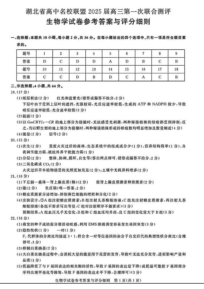 去手写_生物学试卷参考答案与评分细则第1页