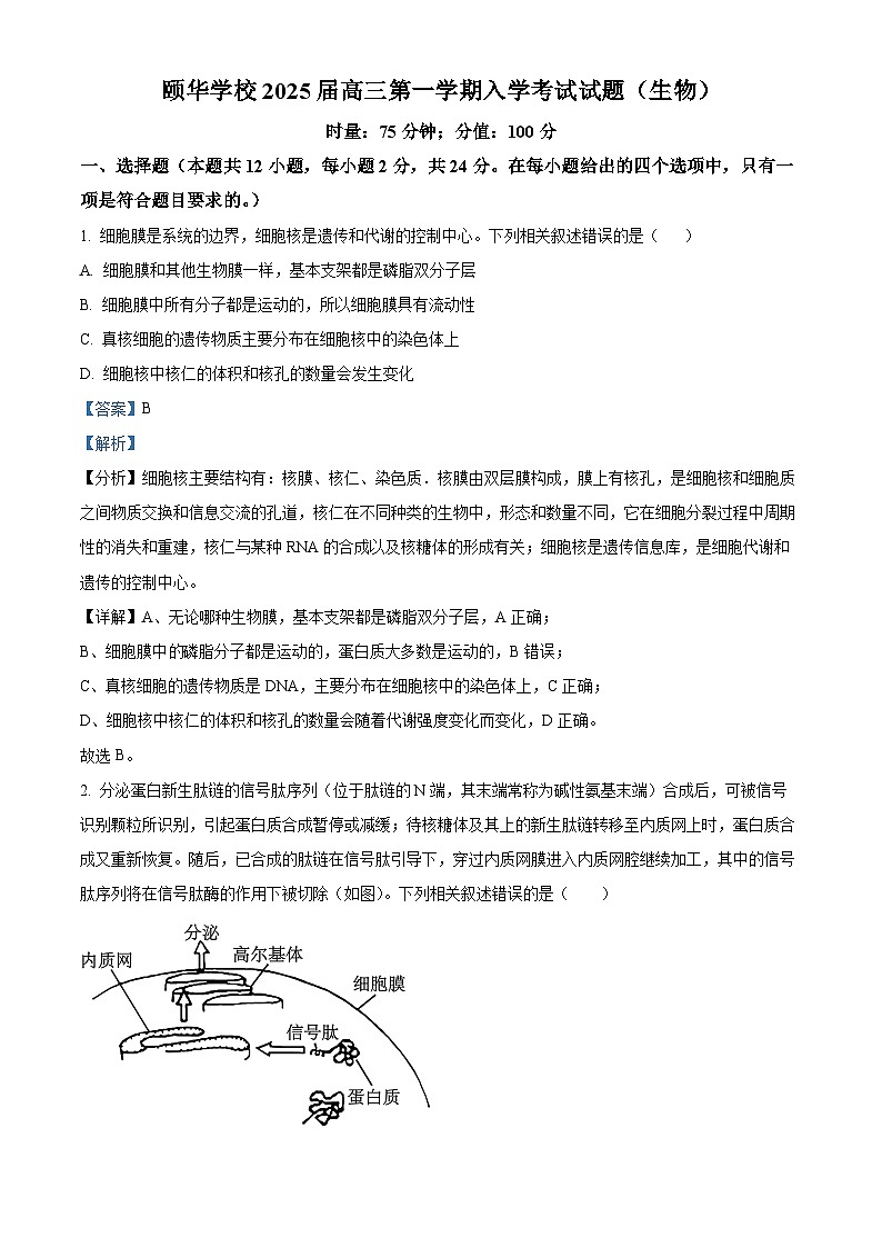 湖南省平江县颐华高级中学2024-2025学年高三上学期入学考试生物试题（解析版）第1页