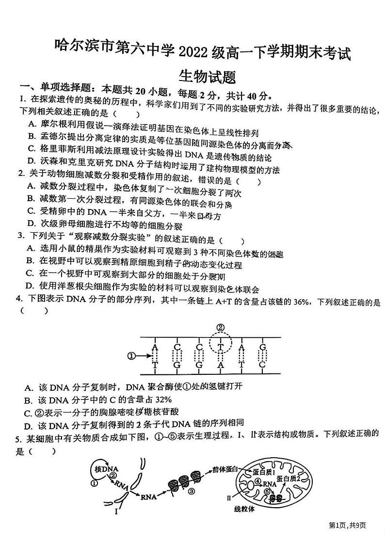 黑龙江省哈尔滨市香坊区第六中学校2022—2023学年高一下学期期末考试生物试卷01