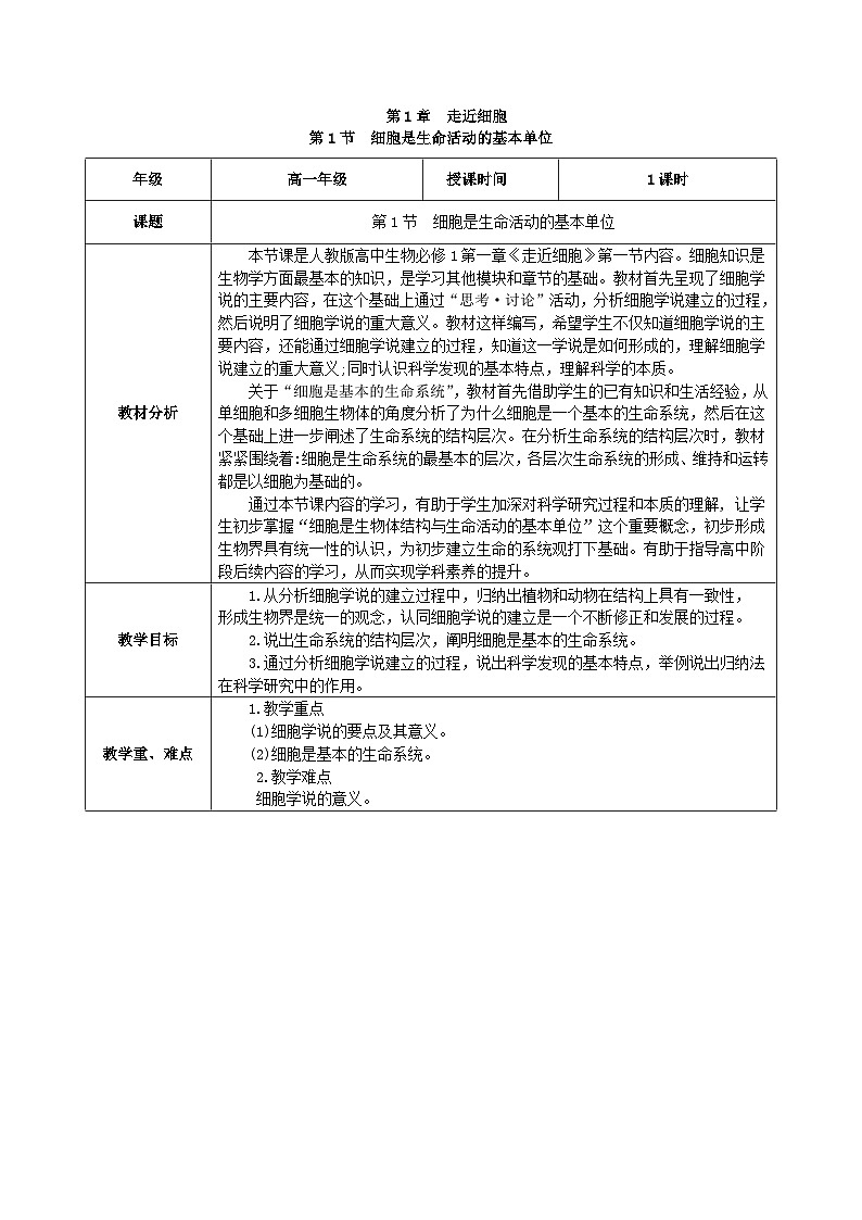 人教版（2019）高中生物必修一 1.1《细胞是生命活动的基本单位》教案01