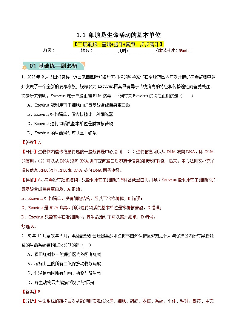 人教版（2019）高中生物必修一 1.1《细胞是生命活动的基本单位》分层作业（原卷+解析卷）01