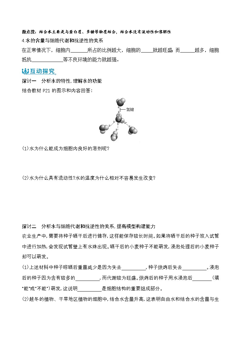 人教版（2019）高中生物必修一 2.2《细胞中的无机物》导学案（原卷版）第2页