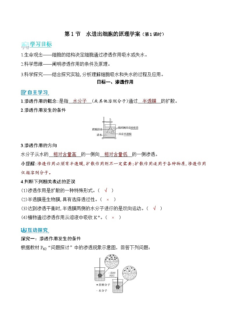 人教版（2019）高中生物必修一 4.1.1《水进出细胞的原理》导学案（原卷+解析卷）01