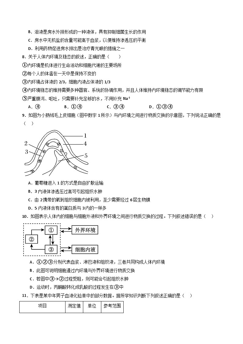 人教版高二生物选择性必修一 第1章 《人体的内环境与稳态》分层练习（原卷+解析卷）02