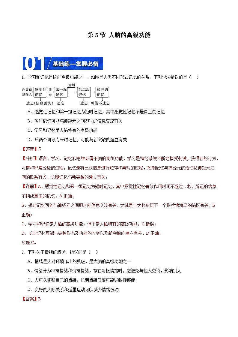 人教版高二生物选择性必修一 2.5 《人脑的高级功能》分层练习（解析版）第1页