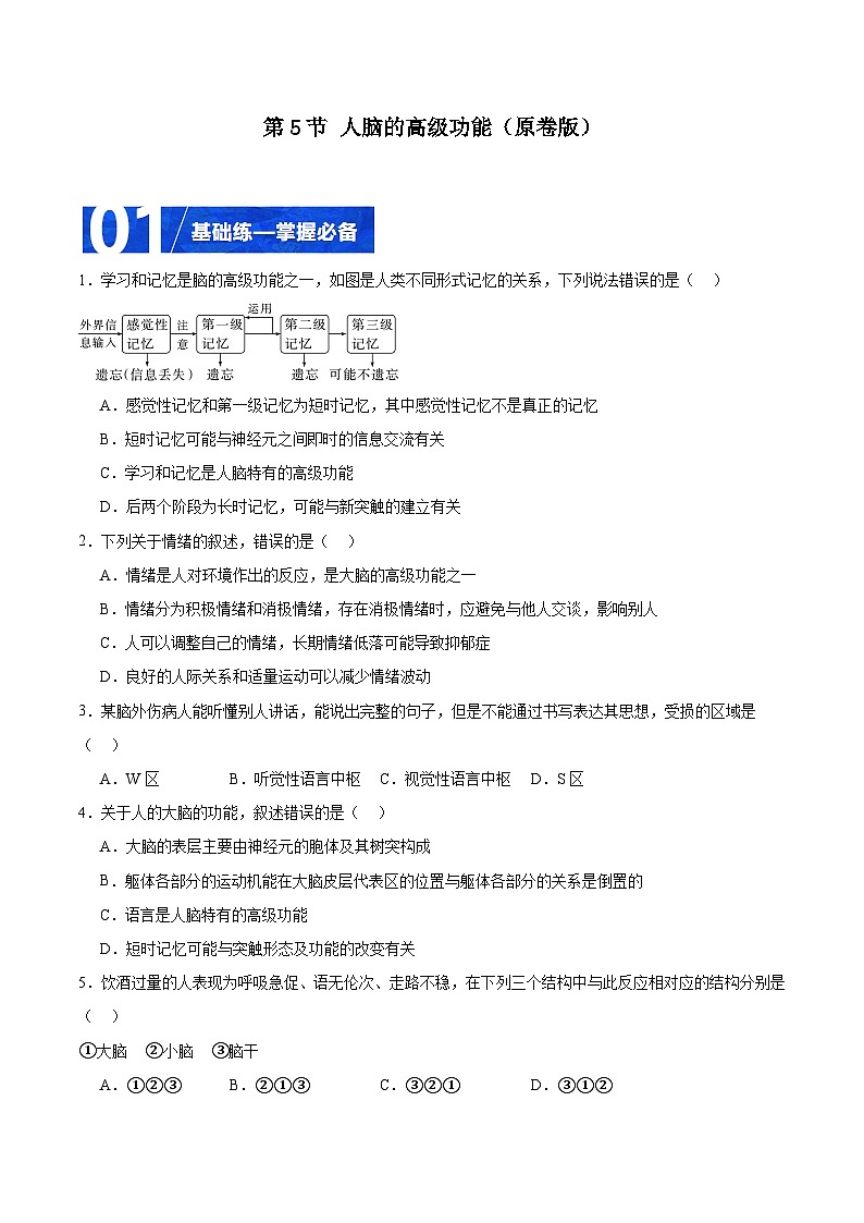 人教版高二生物选择性必修一 2.5 《人脑的高级功能》分层练习（原卷版）第1页