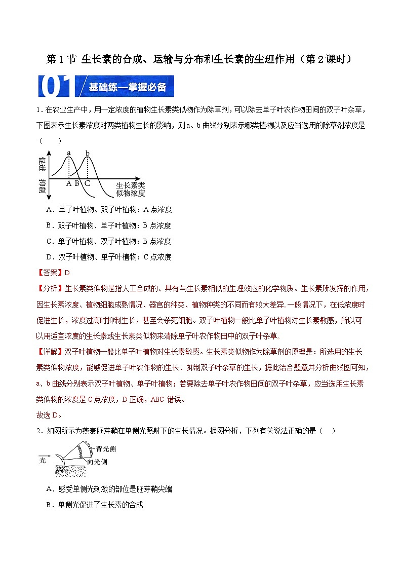人教版高二生物选择性必修一 5.1.2 《生长素的合成、运输与分布和生长素的生理作用》分层练习（解析版）第1页