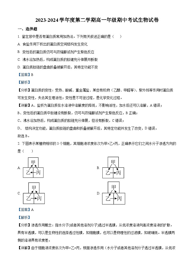 广东省揭阳市部分学校2023-2024学年高一下学期期中考试生物试卷（原卷版+解析版）01
