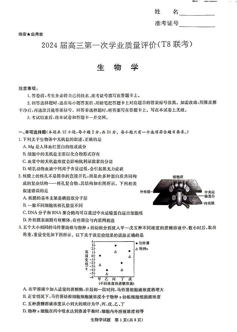 2024届八省八校高三第一次学业质量评价（T8联考）生物01