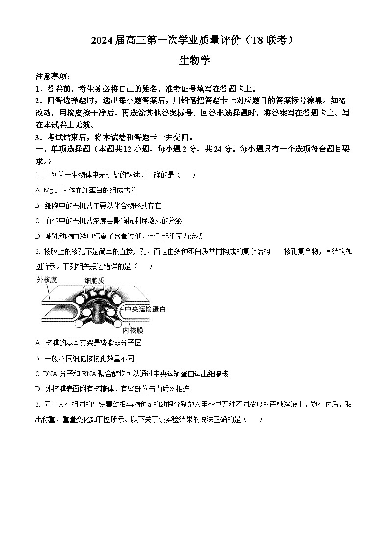 2024届八省八校高三第一次学业质量评价（T8联考）生物01