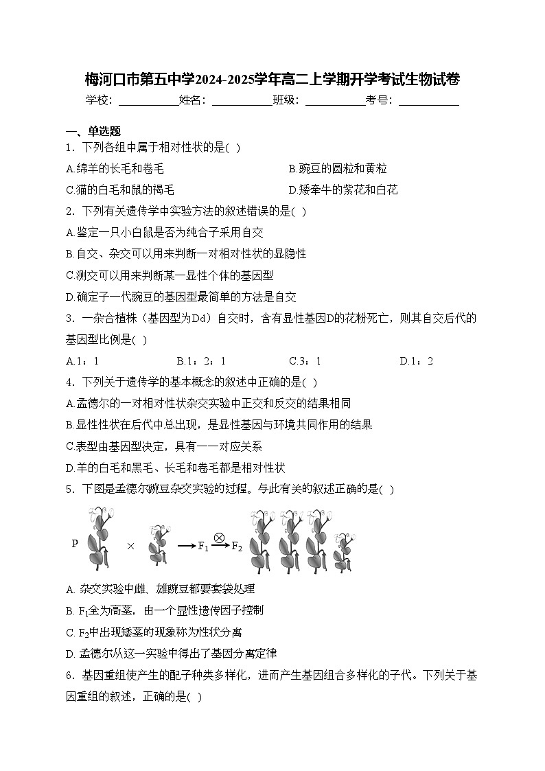 梅河口市第五中学2024-2025学年高二上学期开学考试生物试卷(含答案)01