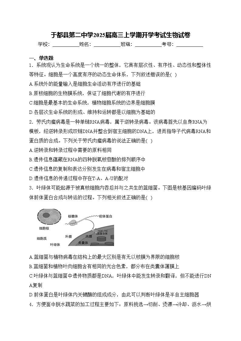 于都县第二中学2025届高三上学期开学考试生物试卷(含答案)第1页