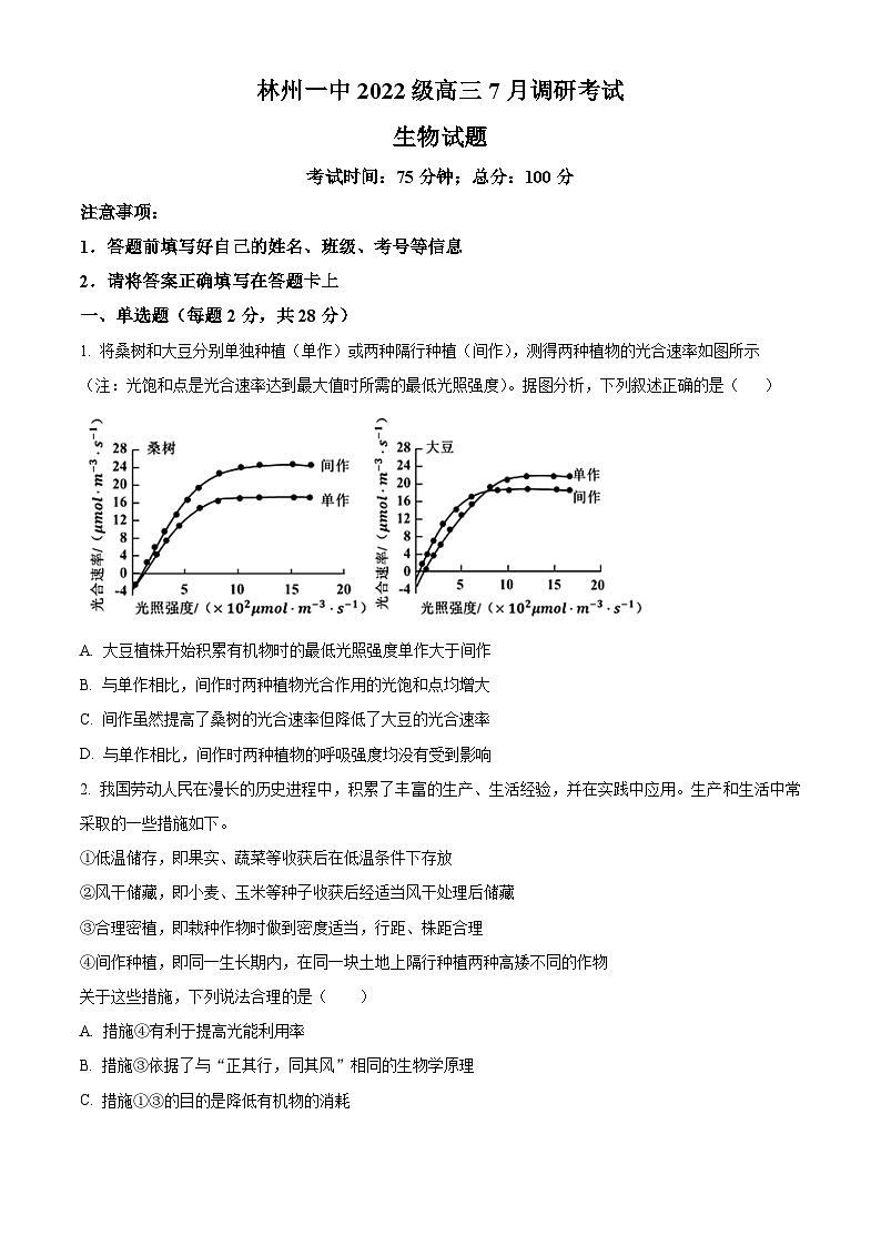河南省林州市第一中学2025届高三上学期7月调研考试生物试题（Word版附解析）第1页