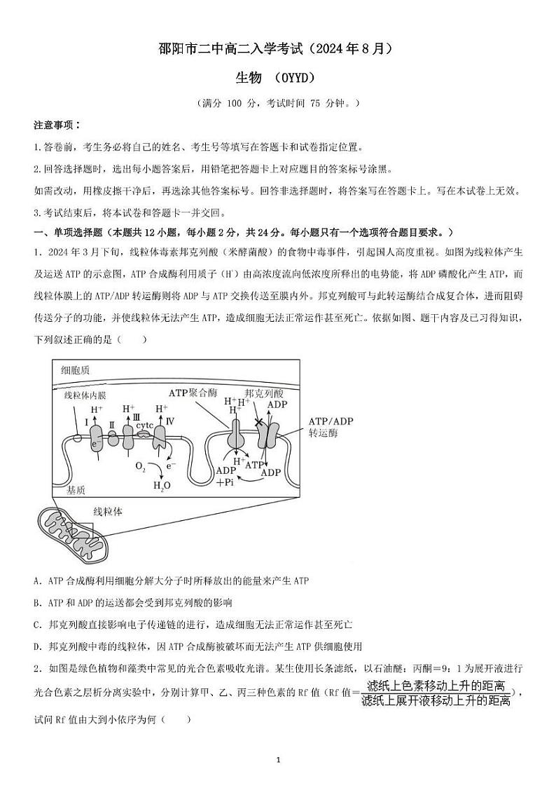 2024年8月入学考试试题（原卷版）第1页