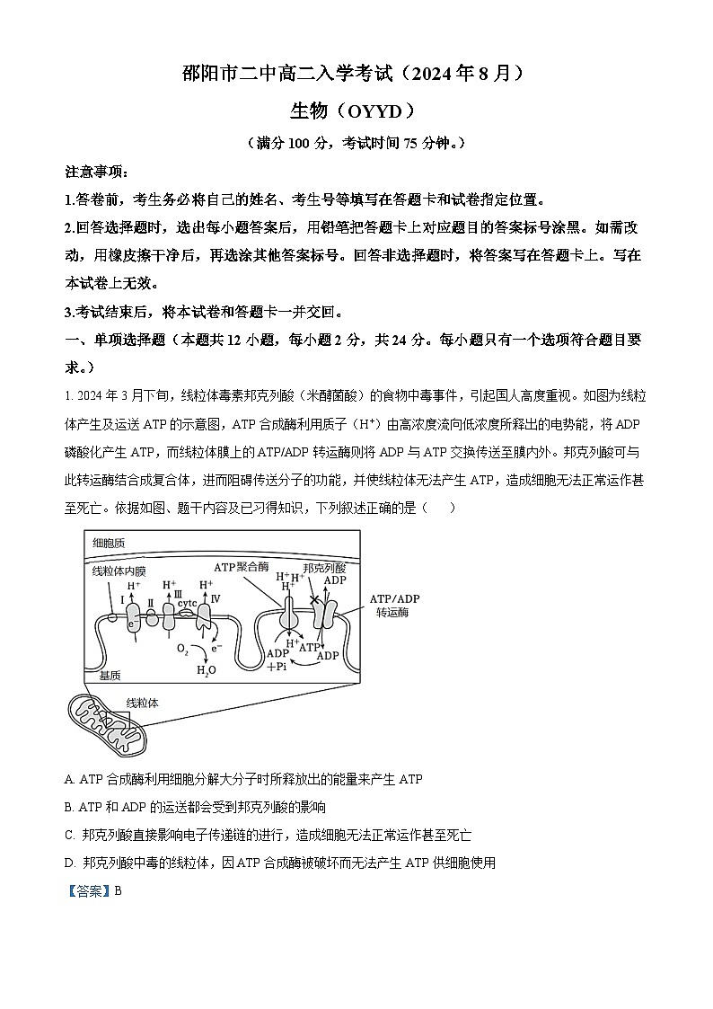 湖南省邵阳市第二中学2024-2025学年高二上学期入学考试生物试题（原卷版+解析版）01