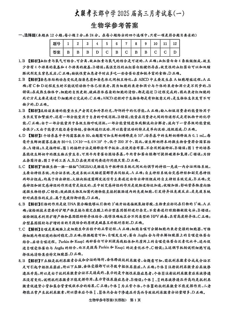 湖南省长沙市长郡中学2024-2025学年高三上学期月考（一）生物试题（扫描版附解析）01