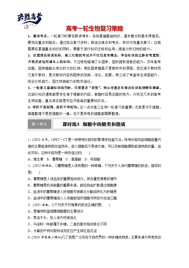第一单元　课时练3  细胞中的糖类和脂质-2025年高考生物大一轮复习（课件+讲义+练习）专练第1页
