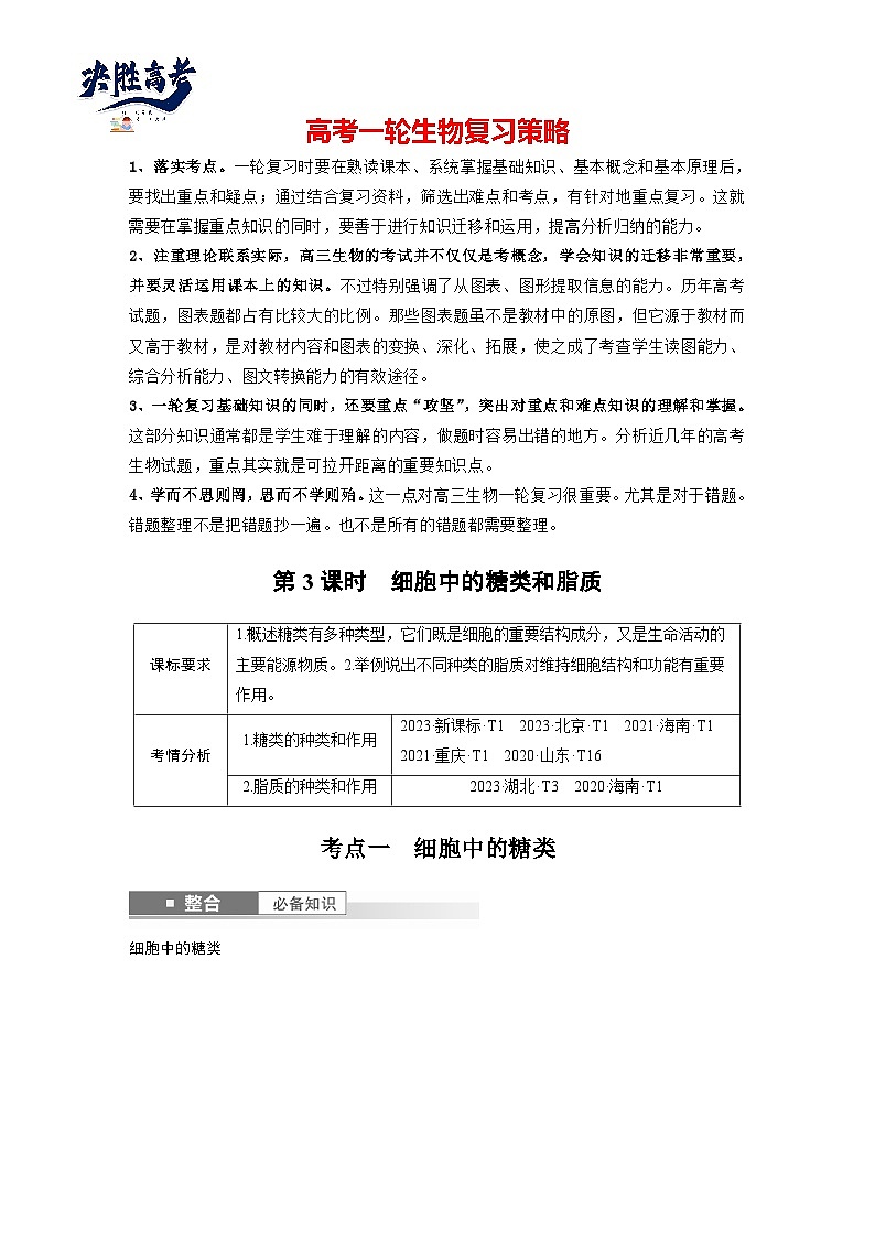 第一单元　第3课时　细胞中的糖类和脂质-2025年高考生物大一轮复习（课件+讲义+练习）学生版第1页