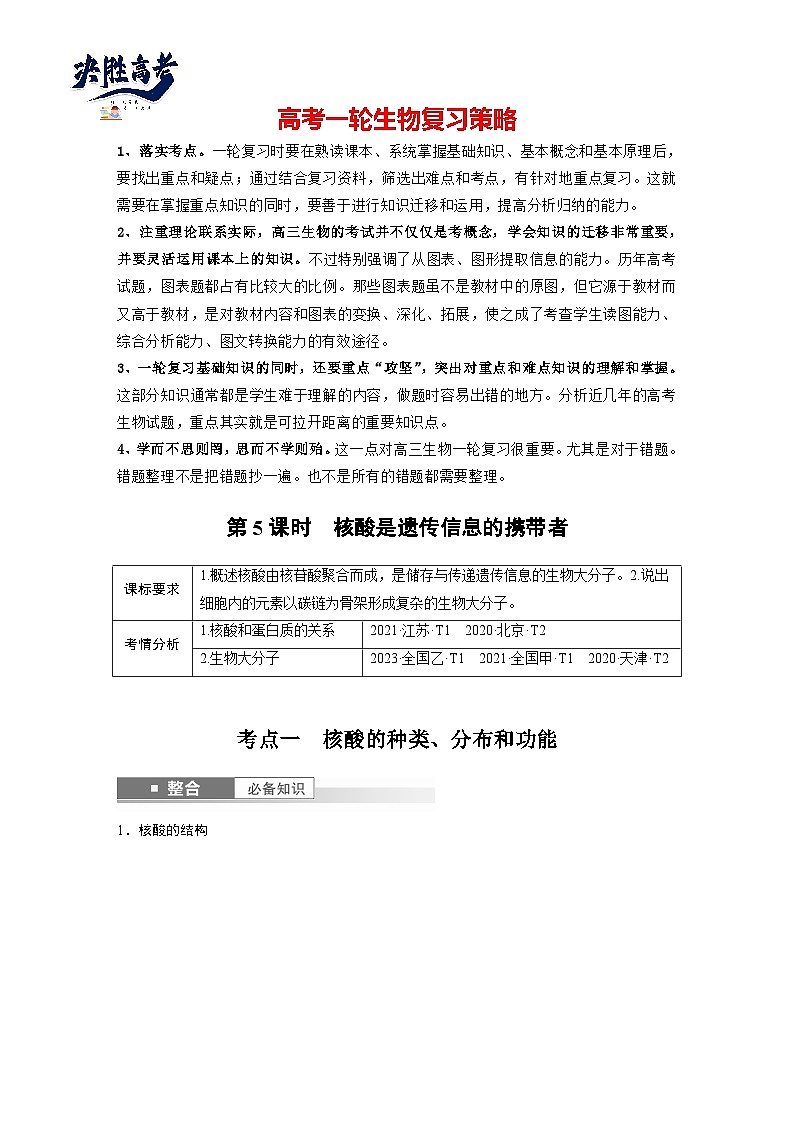 第一单元　第五课时　核酸是遗传信息的携带者-2025年高考生物大一轮复习（课件+讲义+练习）01