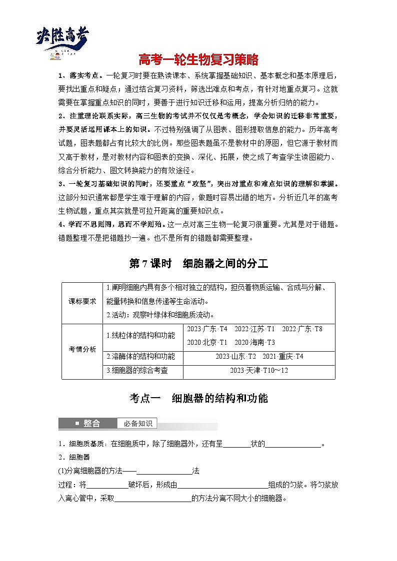 第二单元　第七课时　细胞器之间的分工-2025年高考生物大一轮复习（课件+讲义+练习）01