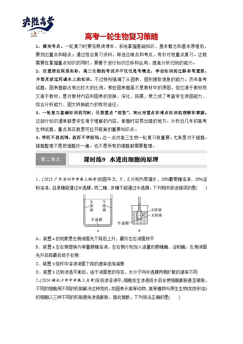第二单元　课时练9  水进出细胞的原理-2025年高考生物大一轮复习（课件+讲义+练习）专练第1页