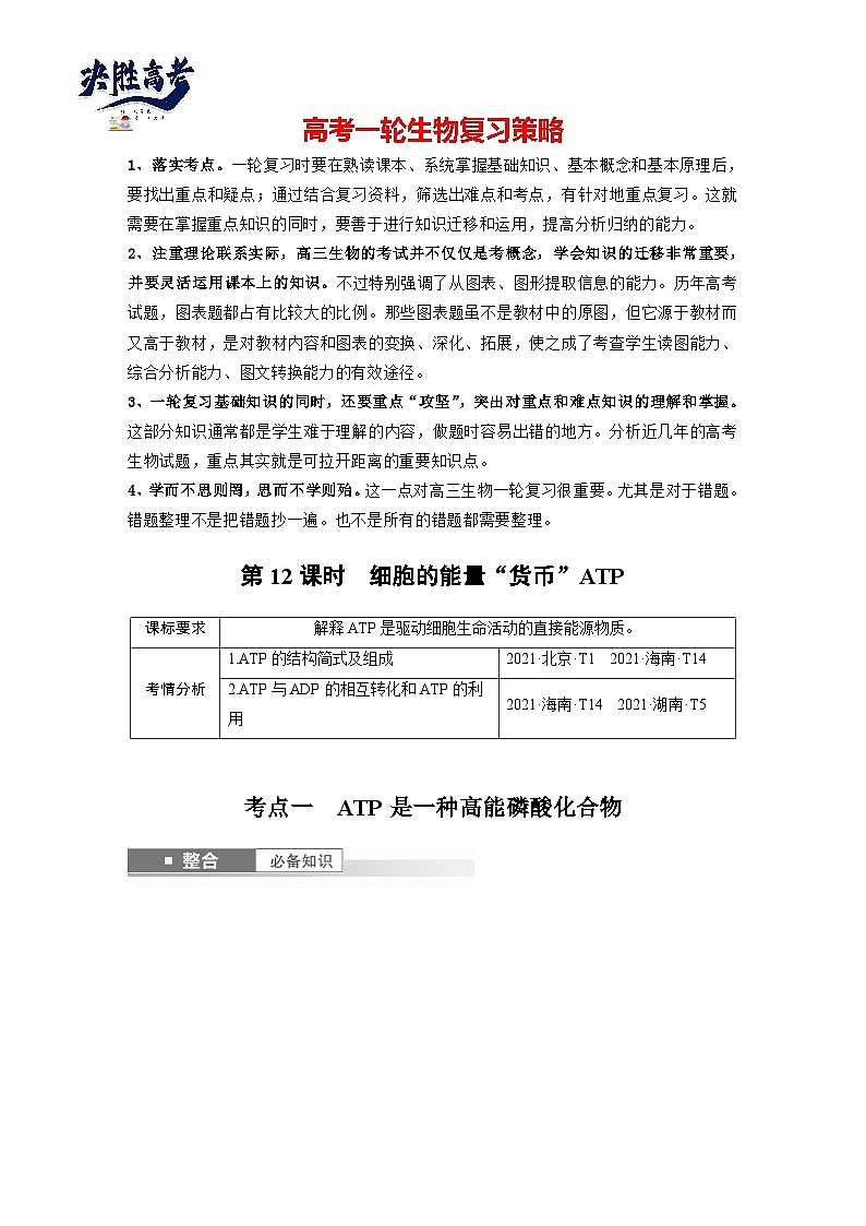 第三单元　第12课时　细胞的能量“货币”ATP-2025年高考生物大一轮复习（课件+讲义+练习）教师版第1页