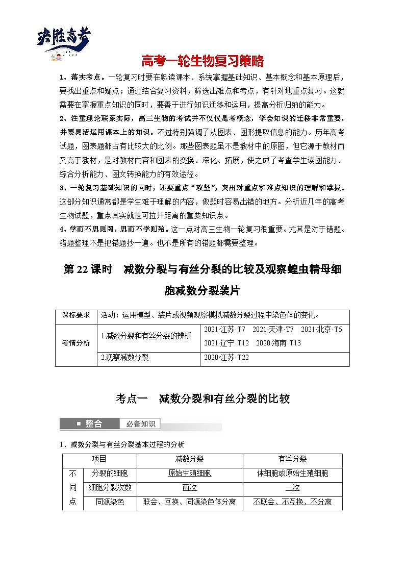 第四单元　第22课时　减数分裂与有丝分裂的比较及观察蝗虫精母细胞减数分裂装片-2025年高考生物大一轮复习（课件+讲义+练习）教师版第1页