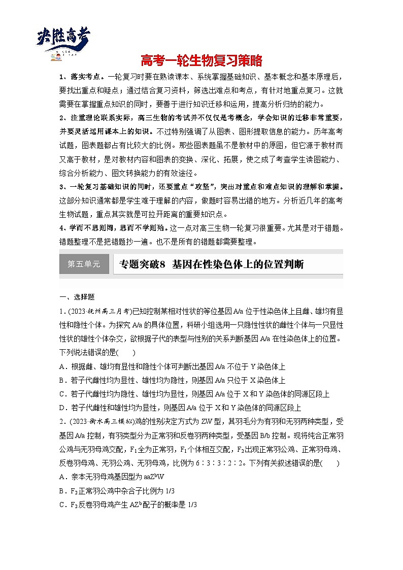 第五单元　专题突破8　基因在性染色体上的位置判断-2025年高考生物大一轮复习（课件+讲义+练习）01