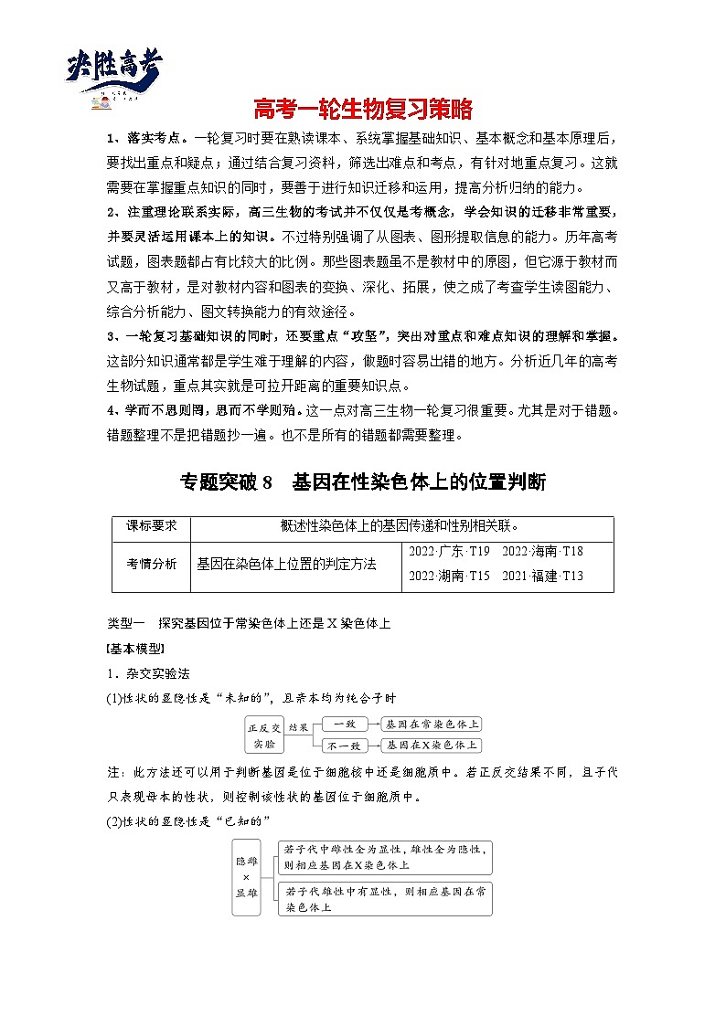 第五单元　专题突破8　基因在性染色体上的位置判断-2025年高考生物大一轮复习（课件+讲义+练习）01