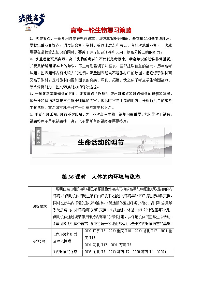 第八单元　第36课时　人体的内环境与稳态-2025年高考生物大一轮复习（课件+讲义+练习）01