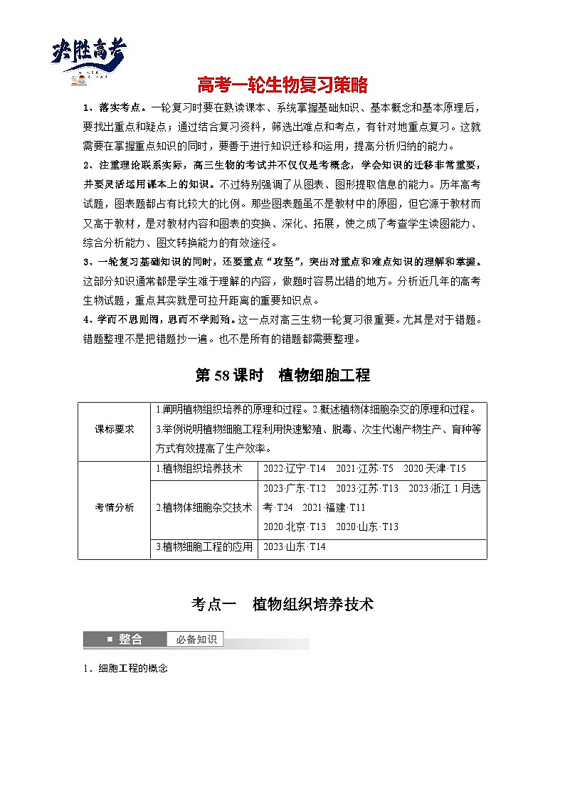 第十单元　第58课时　植物细胞工程-2025年高考生物大一轮复习（课件+讲义+练习）学生版第1页