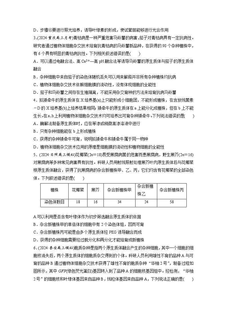 第十单元　课时练58　植物细胞工程-2025年高考生物大一轮复习（课件+讲义+练习）专练第2页