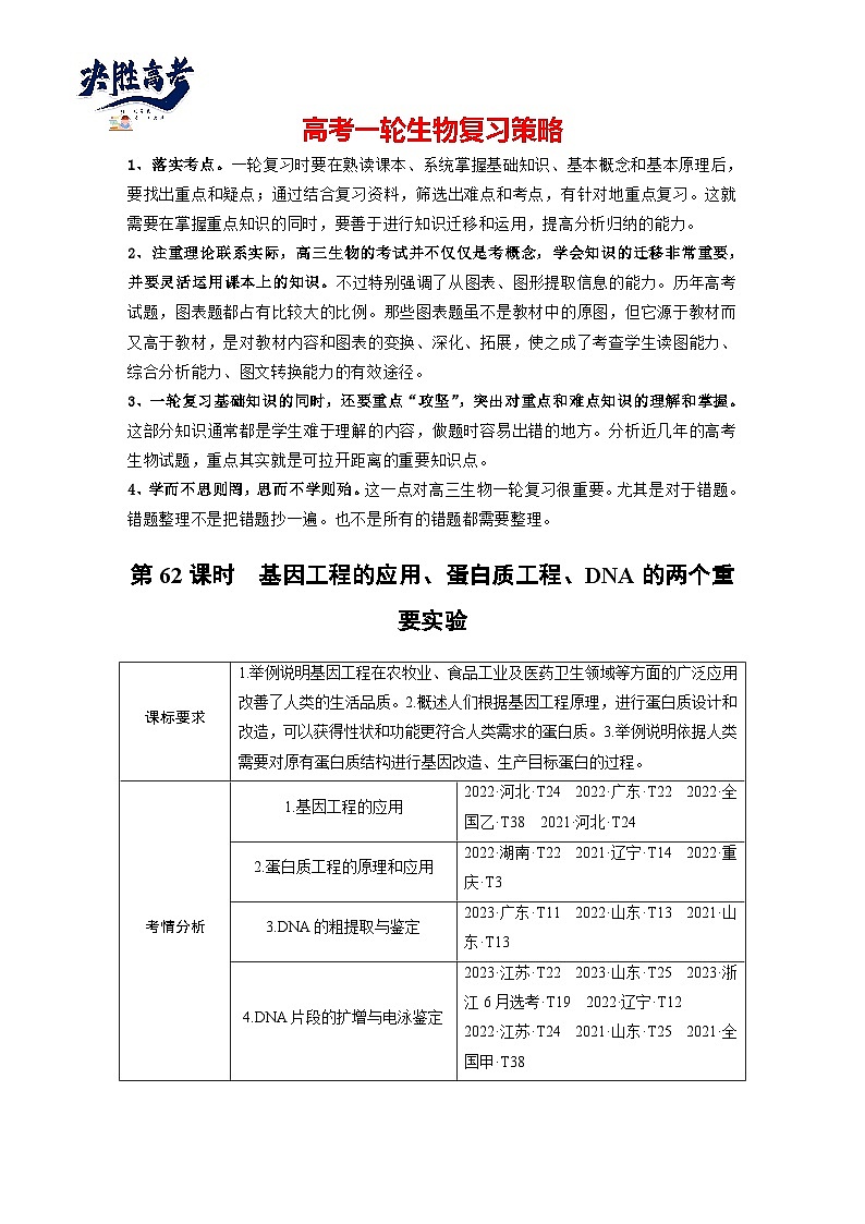第十单元　第62课时　基因工程的应用、蛋白质工程、DNA的两个重要实验-2025年高考生物大一轮复习（课件+讲义+练习）01