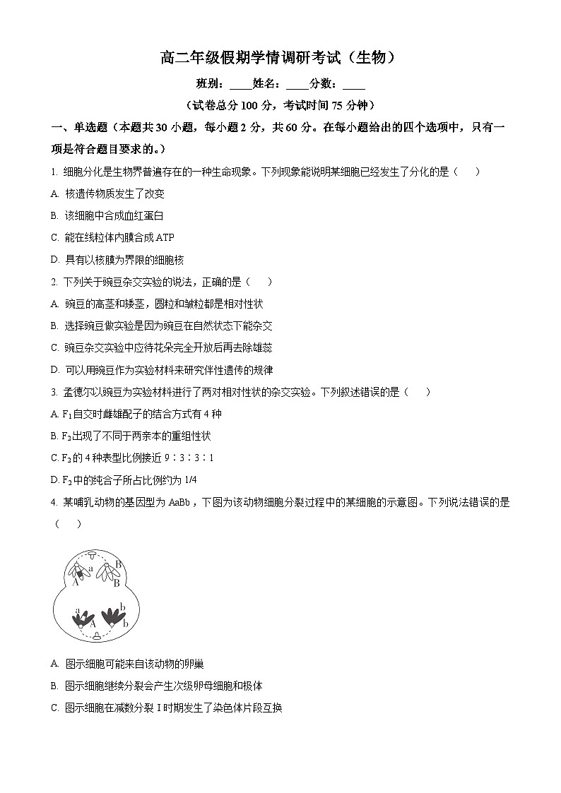 广西玉林新世纪高级中学2024-2025学年高二上学期开学假期调研考试生物试题（原卷版+解析版）01