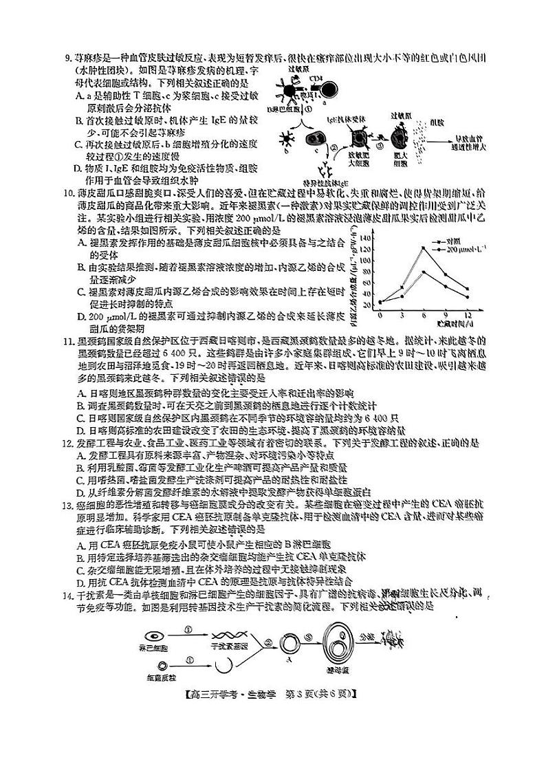 九师联盟2024-2025学年高三上学期8月联考生物试卷第3页